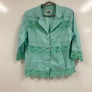 Linen Lace Button-Up Top Jacket Blazer Mint Green Cottagecore Boho size Medium